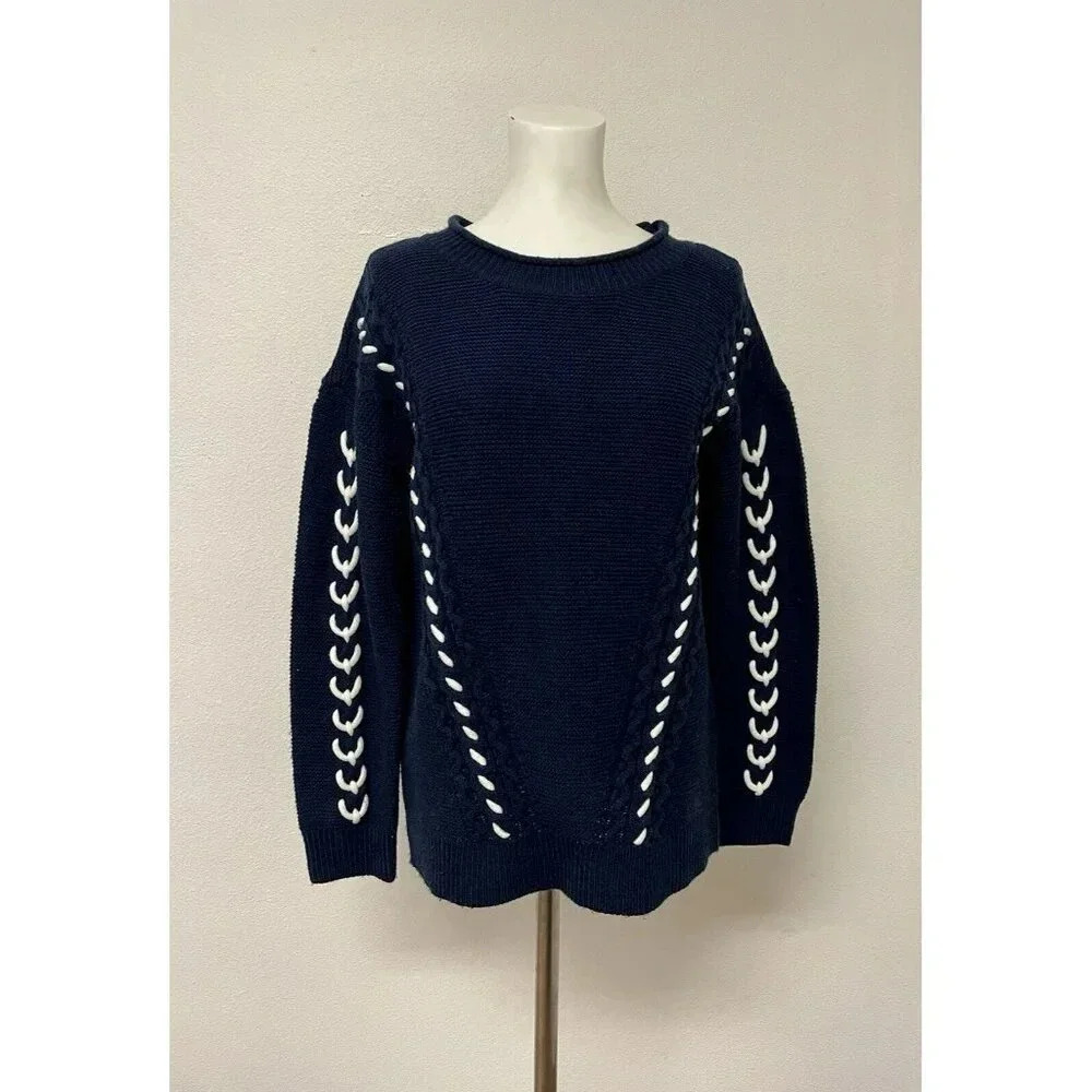 Venus Dark Navy Blue Sweater White Rope Detail Nautical Med. Knit, Comfy, Preppy